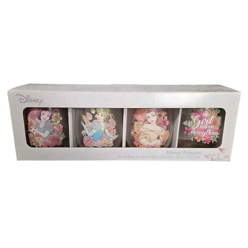 Disney Princess Contour Glass Tumblers 4pc Set 18oz NIB Kitchenware Gift Set